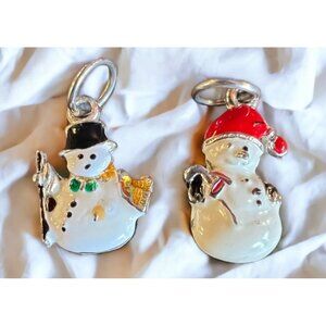 Pair Of Festive Snowman Charms With Enamel Details & Rings For Christmas Jewelry
